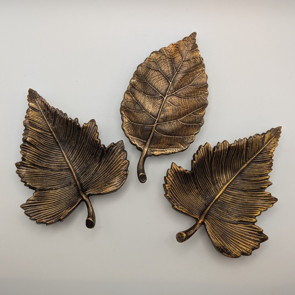 Vintage Bronze Cast Metal Leaf Trinket Dish Set 3 Piece Botanical Catch-all Tray